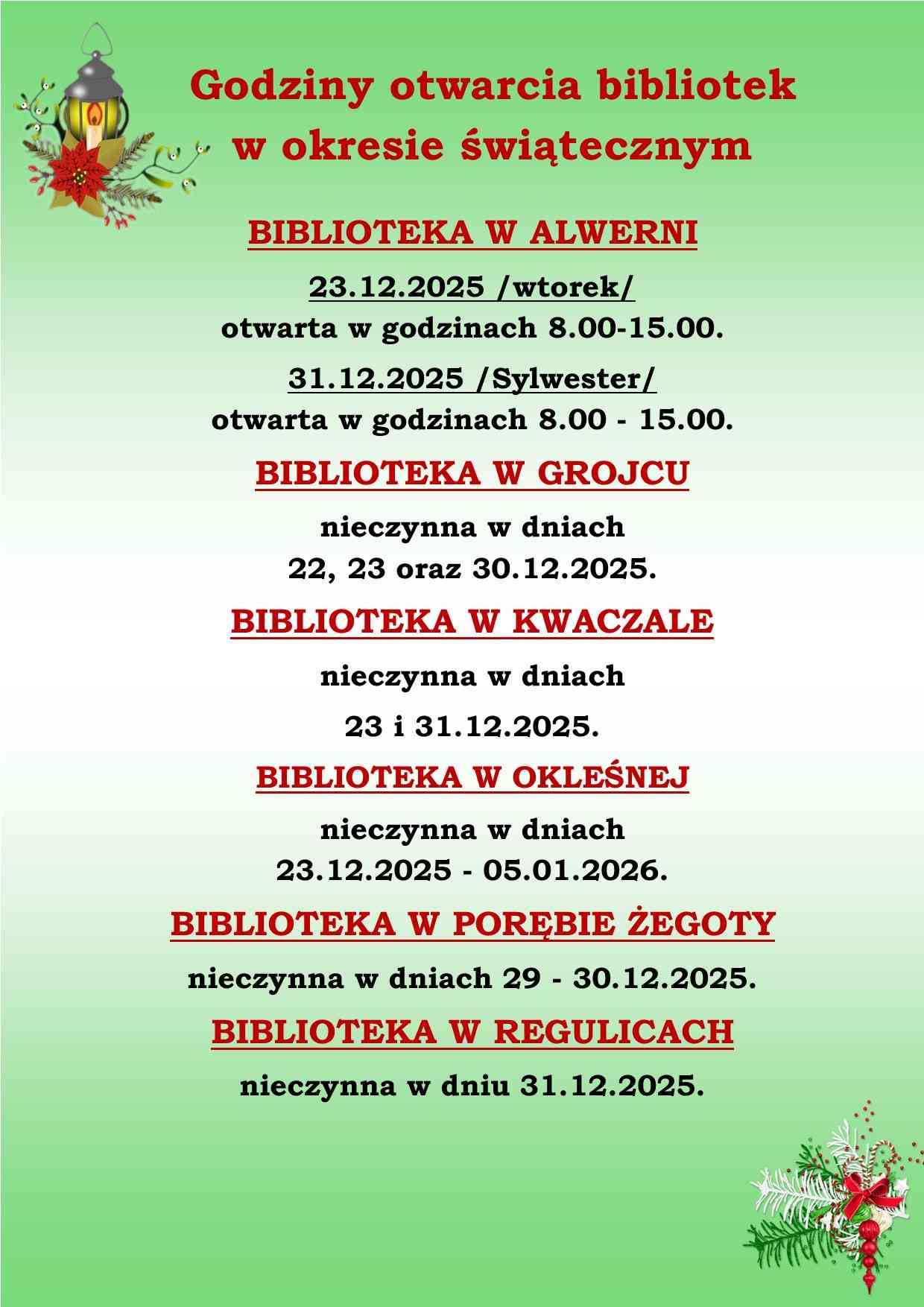 Godziny otwarcia bibliotek w okresie świątecznym